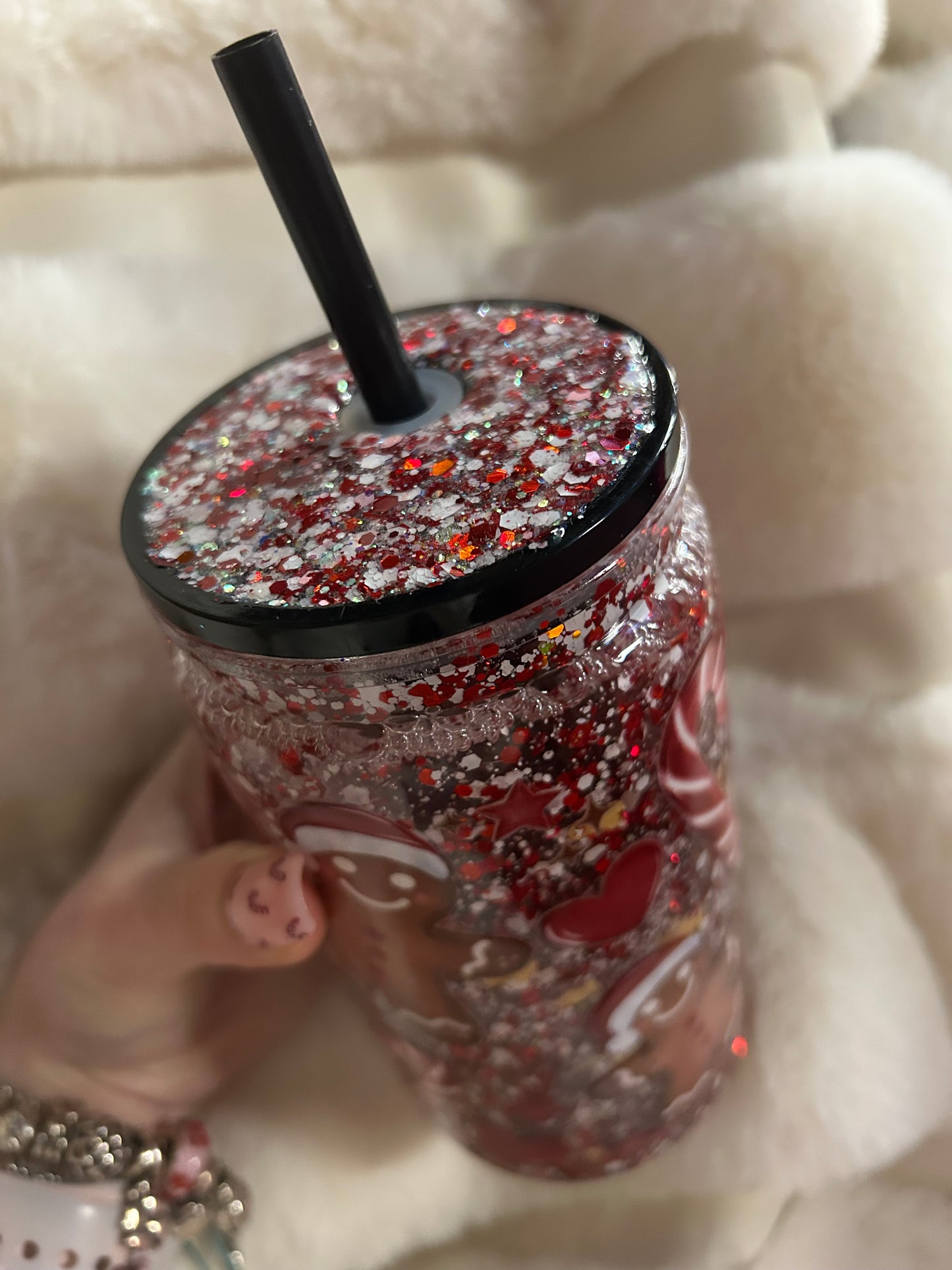 Gingerbread man and candy cane snowglobe tumbler