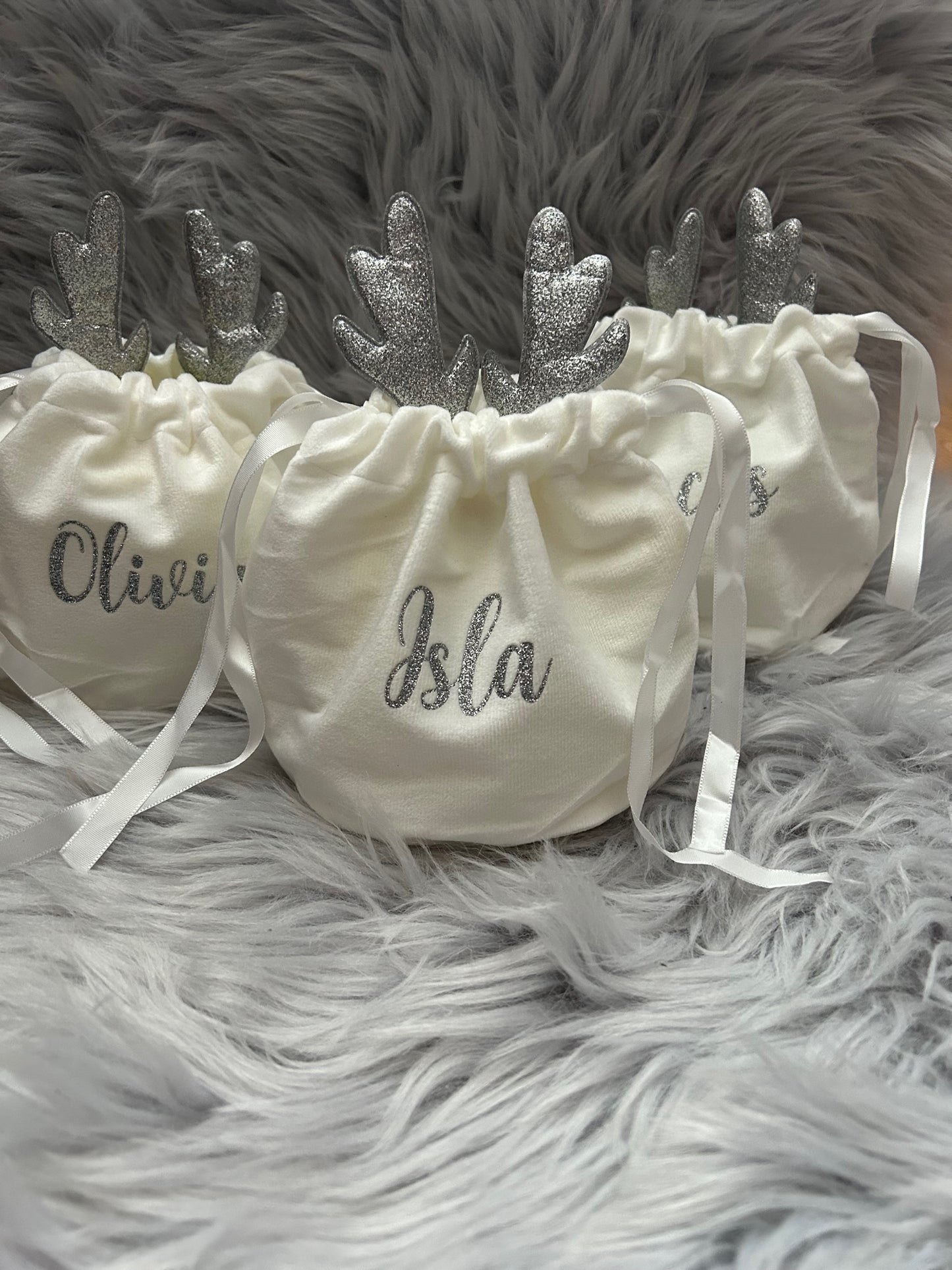 Personalised White Reindeer with silver antlers Treat Bag
