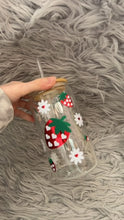 Load image into Gallery viewer, Strawberry floral glass or plastic can with lid and straw 500ml