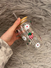 Load image into Gallery viewer, Strawberry floral glass or plastic can with lid and straw 500ml