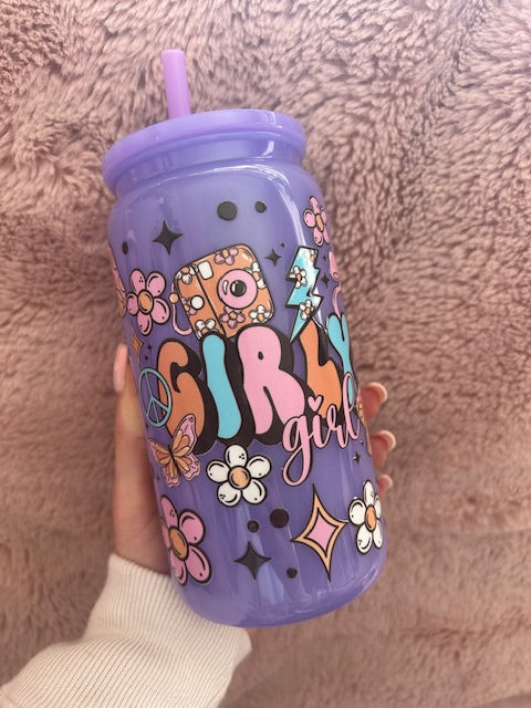 Girly Girl purple acrylic can with straw