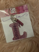 Load image into Gallery viewer, personalised glittered keyring, name keyring, initial keyring, tassle keyring