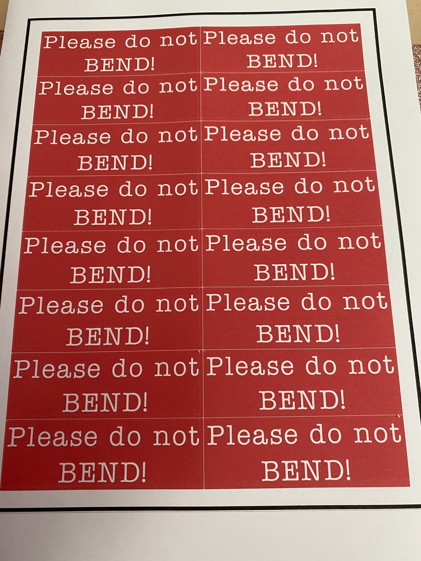Please do not bend stickers