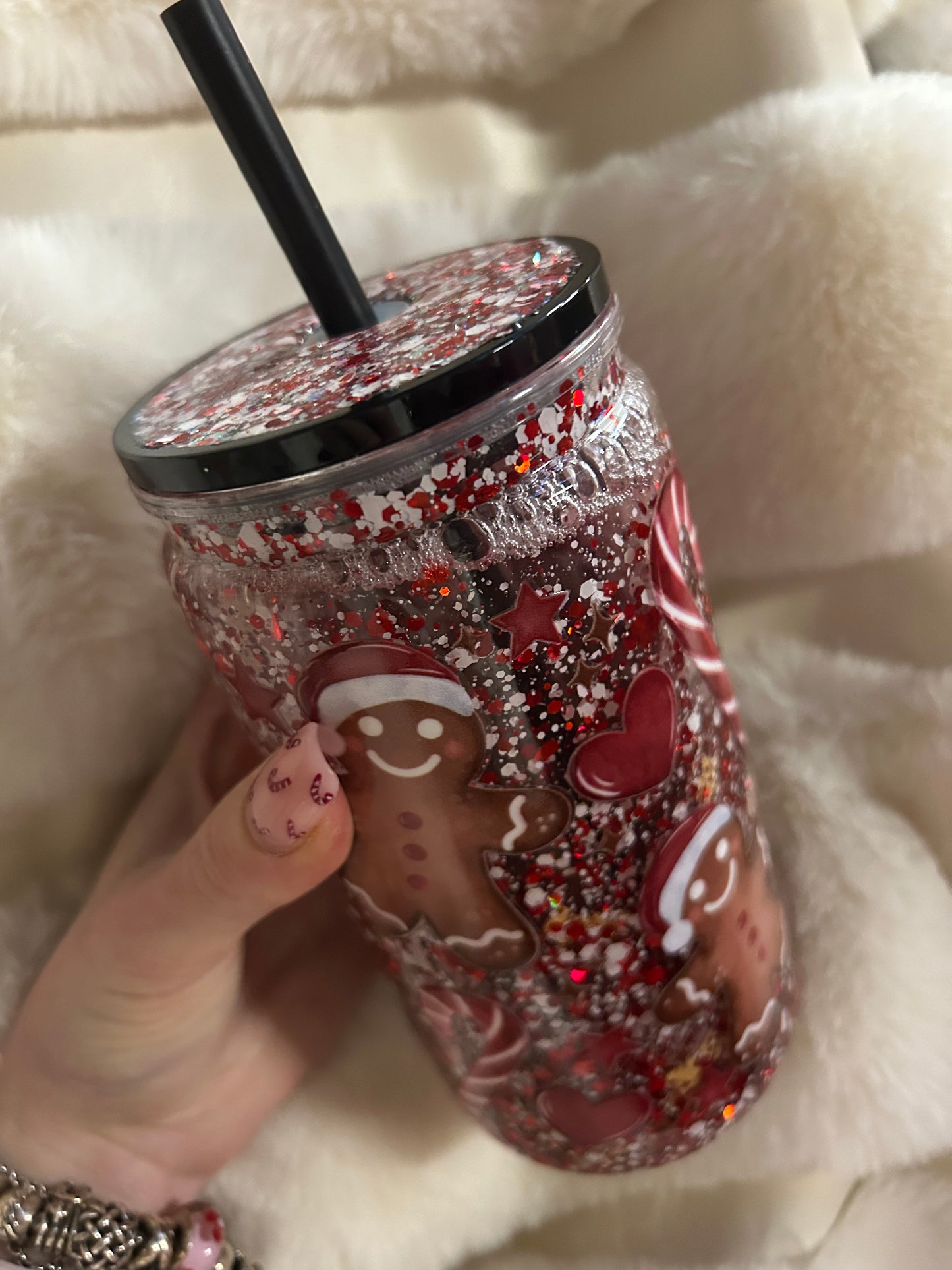 Gingerbread man and candy cane snowglobe tumbler