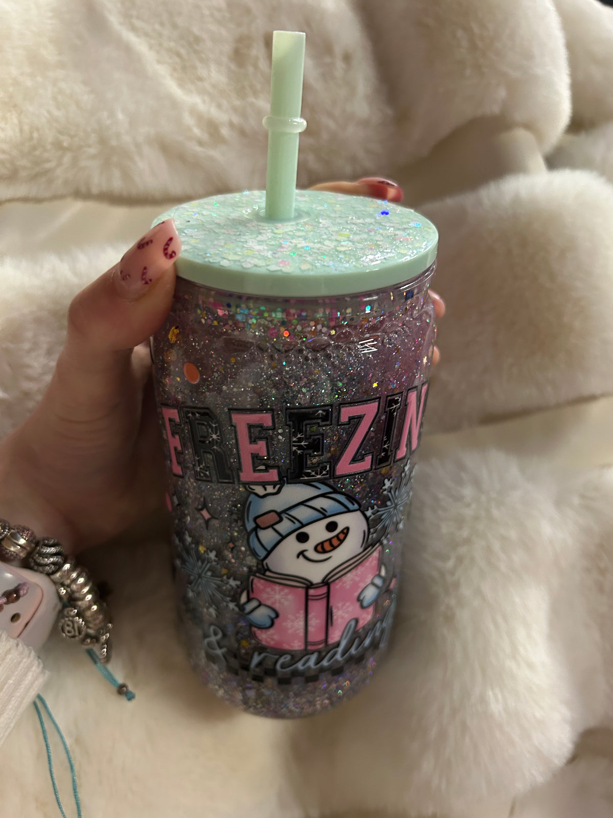 Freezing & Reading snowman snowglobe tumbler