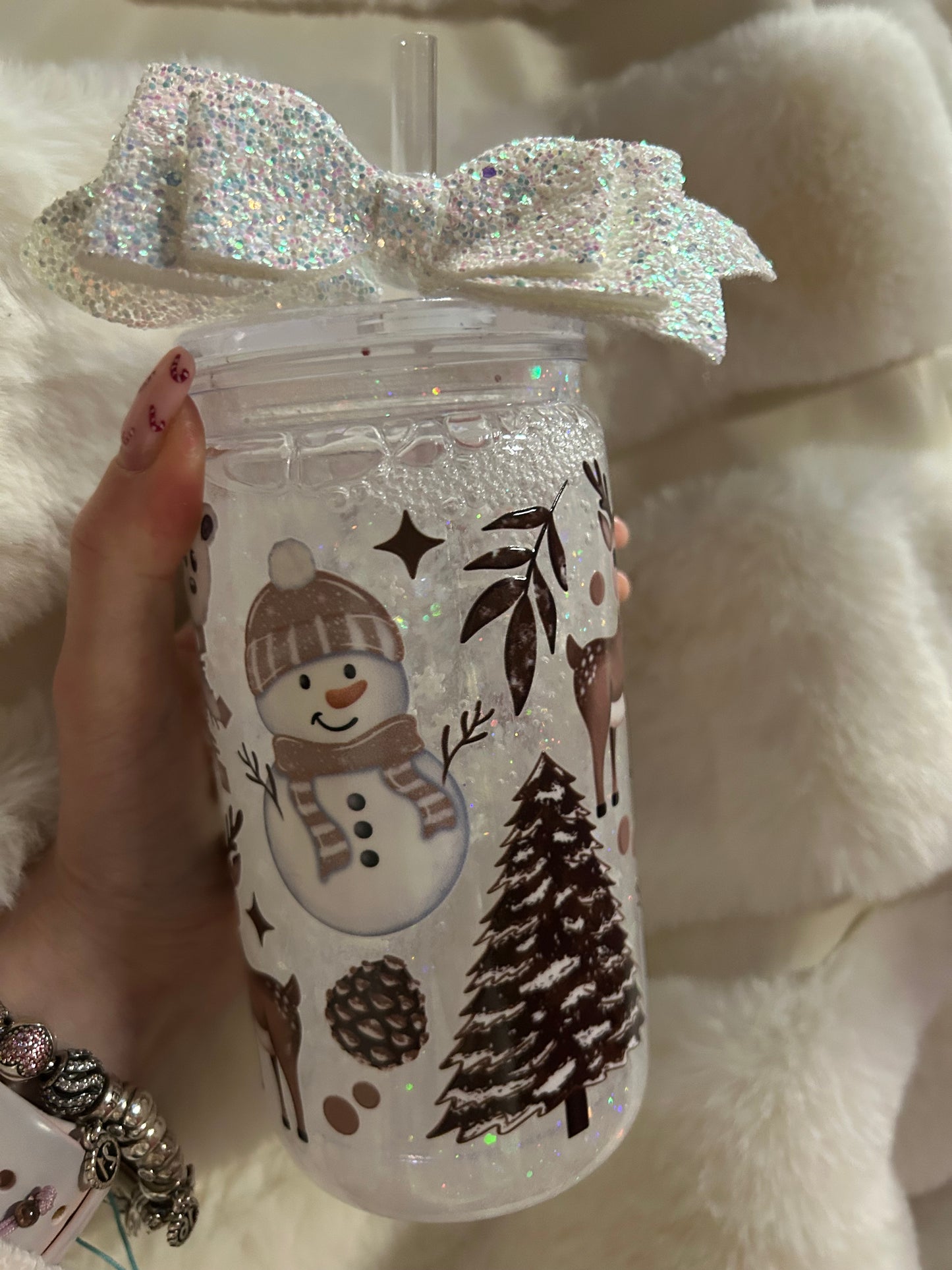 deer, polar bear and snowman snowglobe tumbler