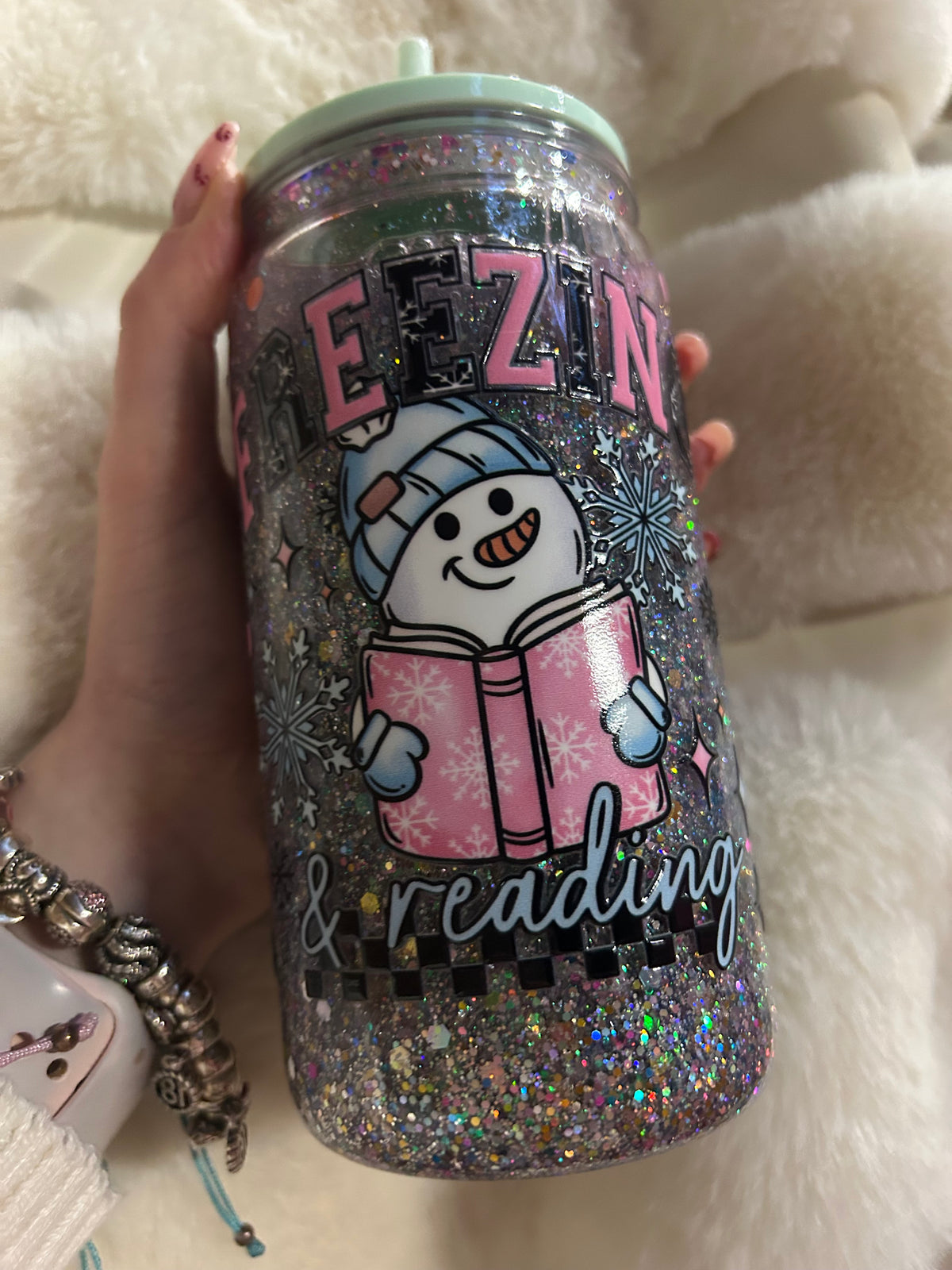 Freezing & Reading snowman snowglobe tumbler