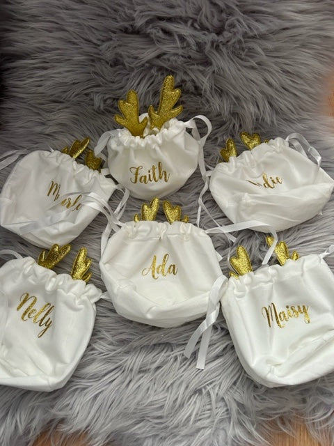 Personalised White Reindeer with gold antlers Treat Bag
