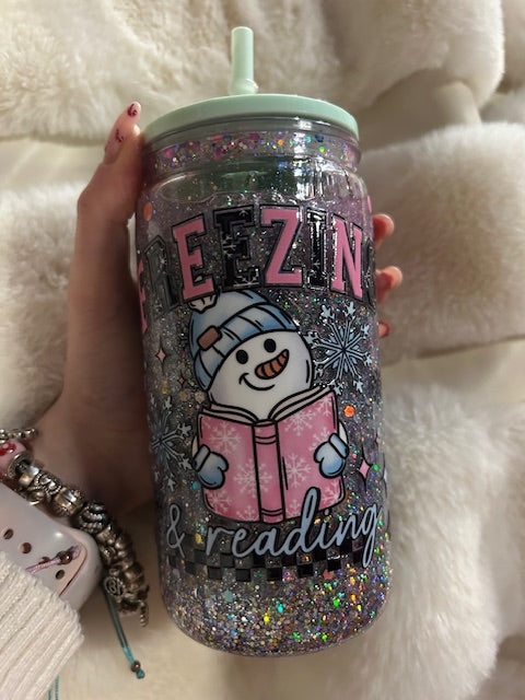 Freezing & Reading snowman snowglobe tumbler