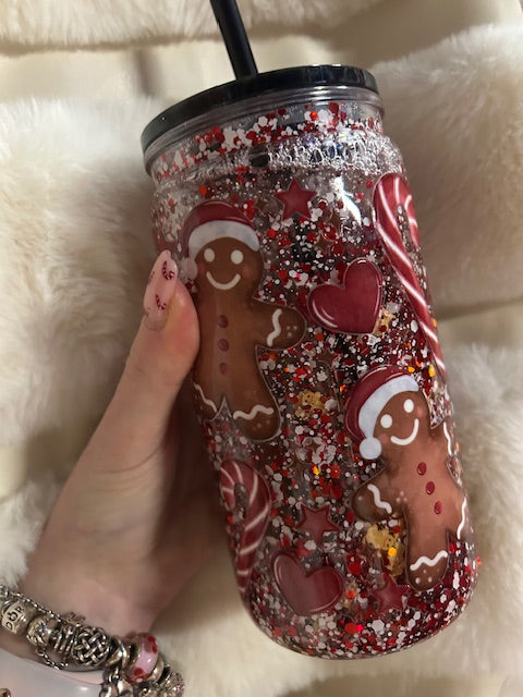 Gingerbread man and candy cane snowglobe tumbler