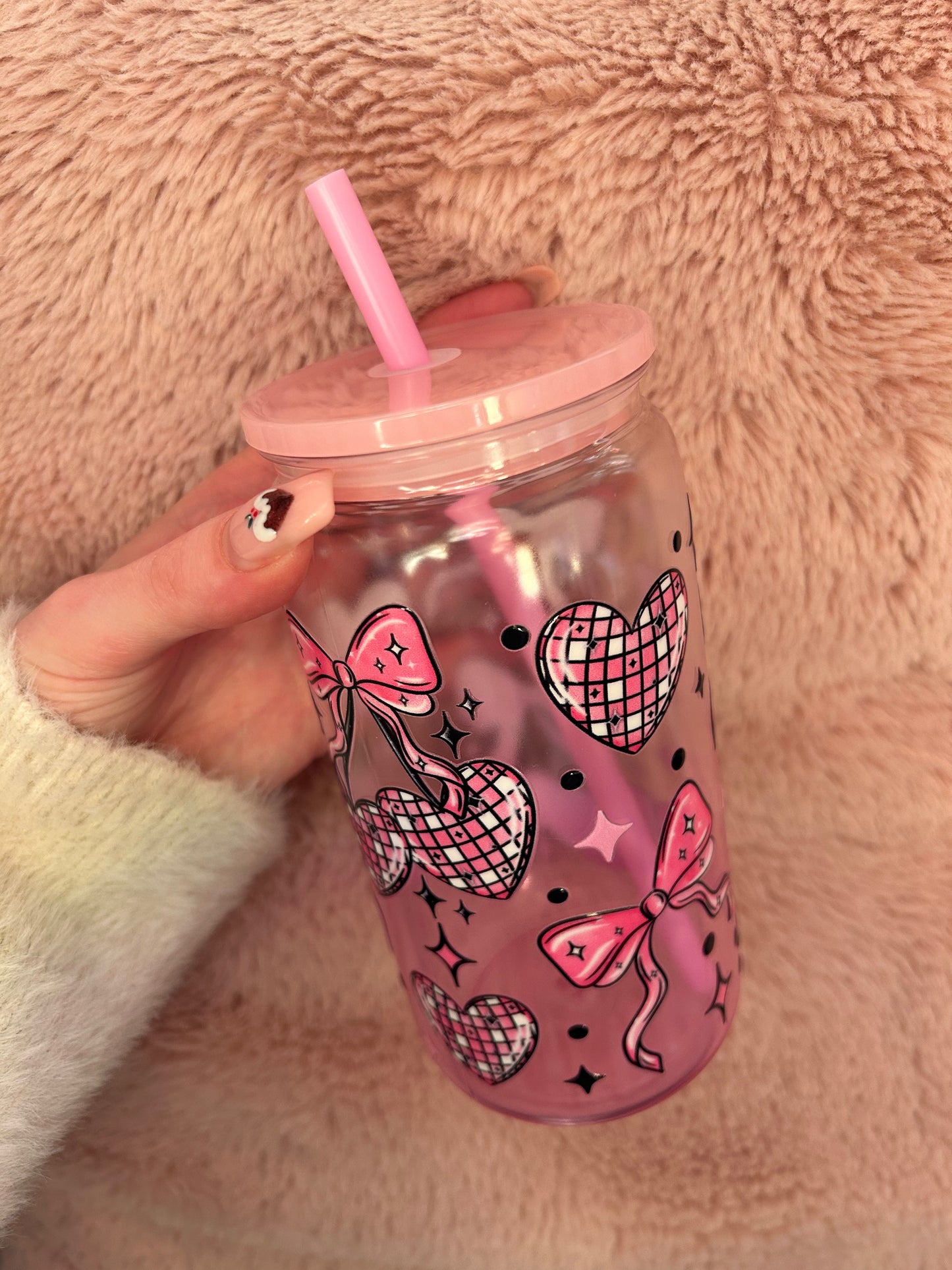 pink ombre disco hearts bow 16oz tumbler