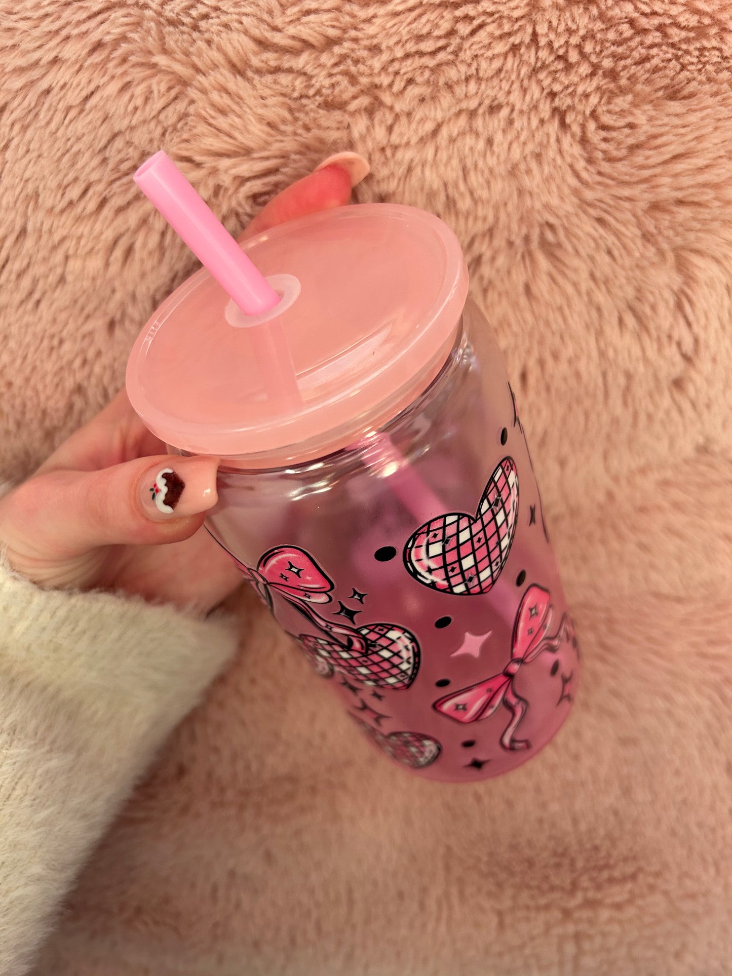 pink ombre disco hearts bow 16oz tumbler
