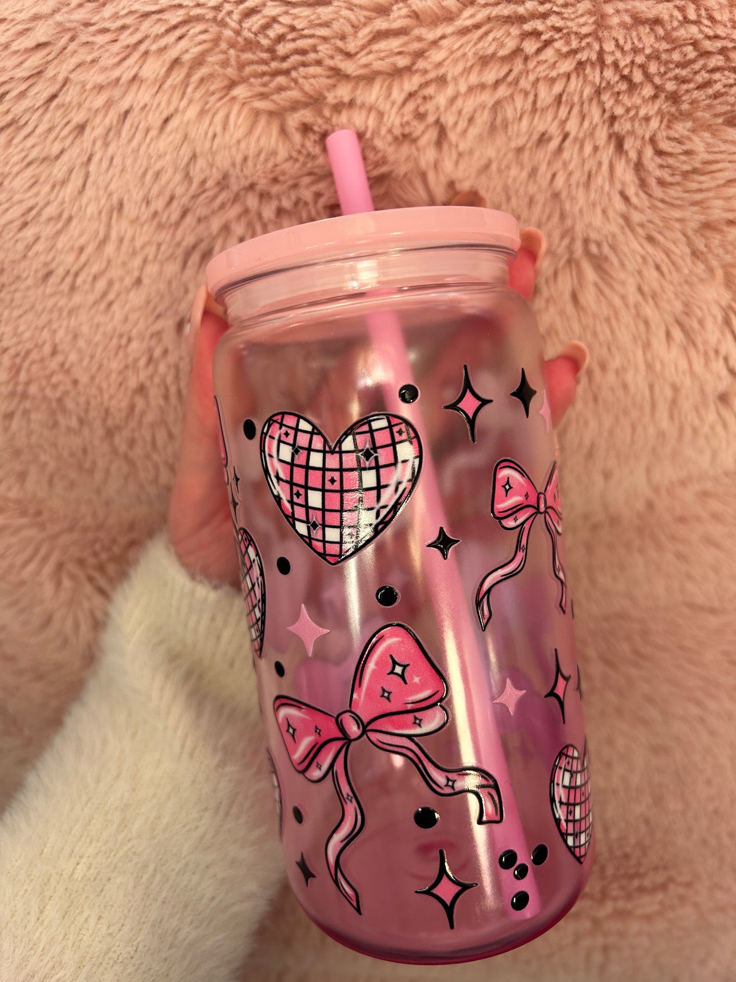 pink ombre disco hearts bow 16oz tumbler
