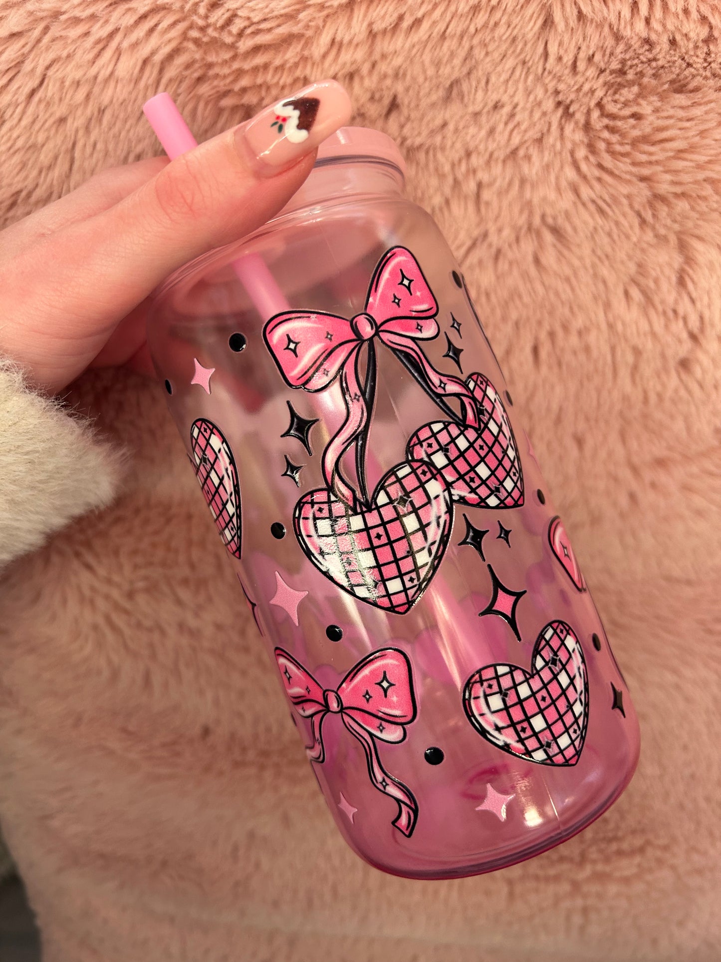 pink ombre disco hearts bow 16oz tumbler