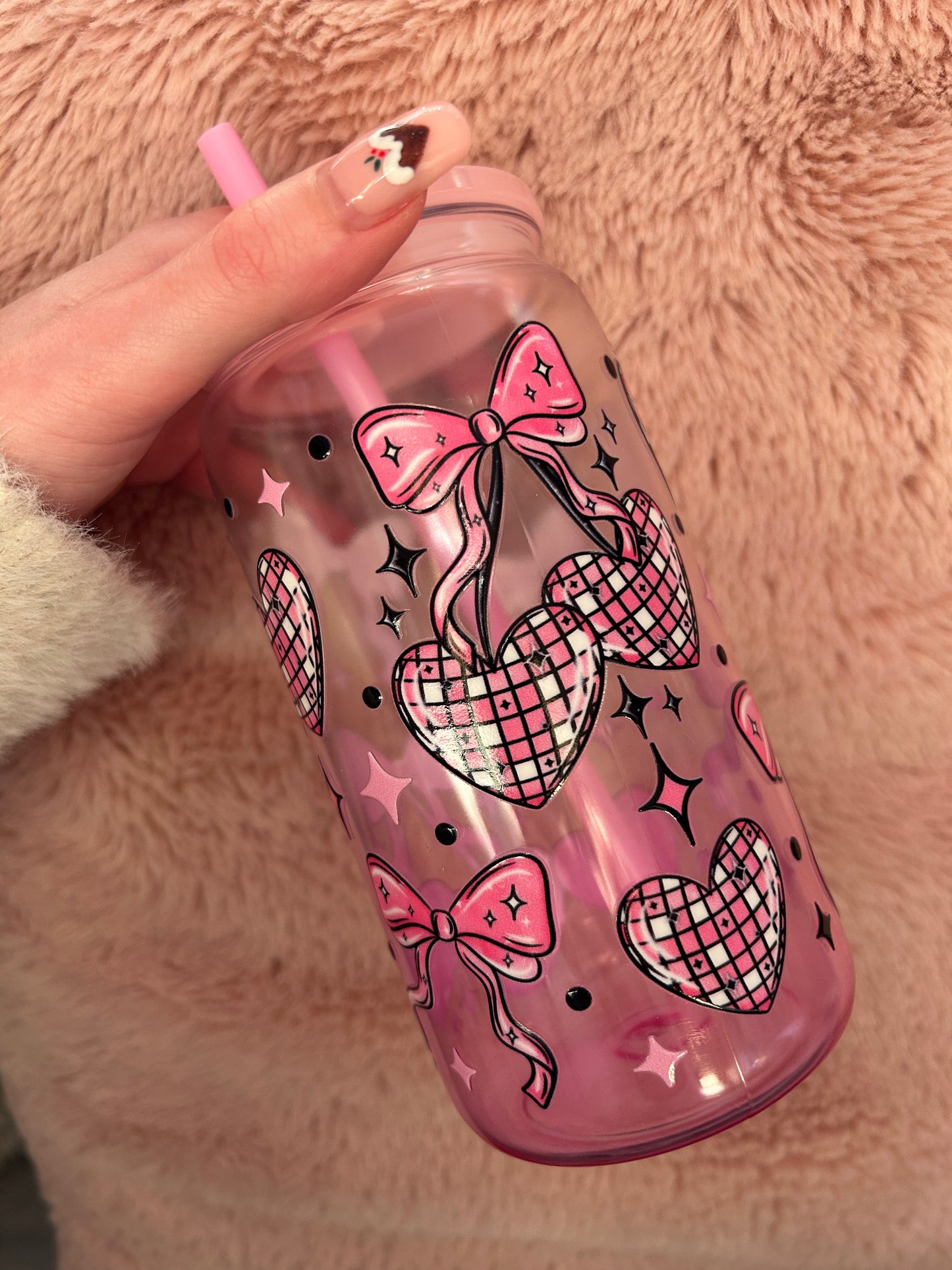 pink ombre disco hearts bow 16oz tumbler