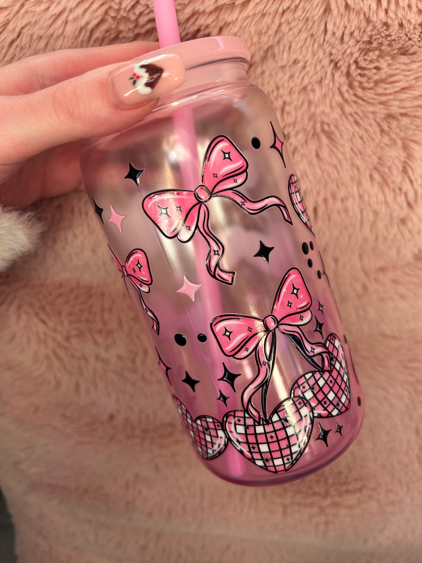 pink ombre disco hearts bow 16oz tumbler