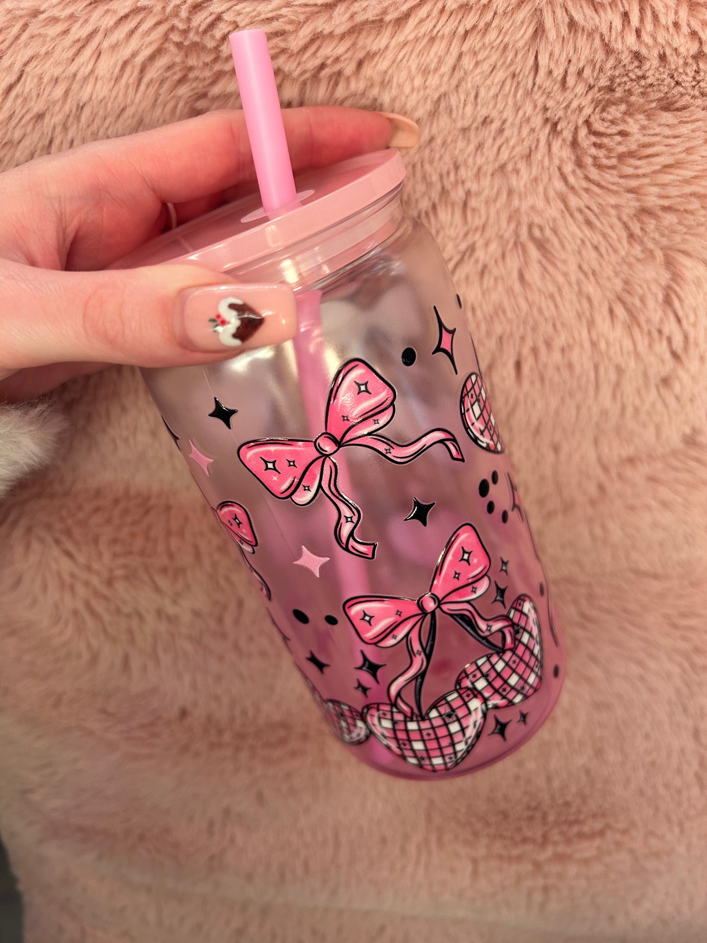 pink ombre disco hearts bow 16oz tumbler