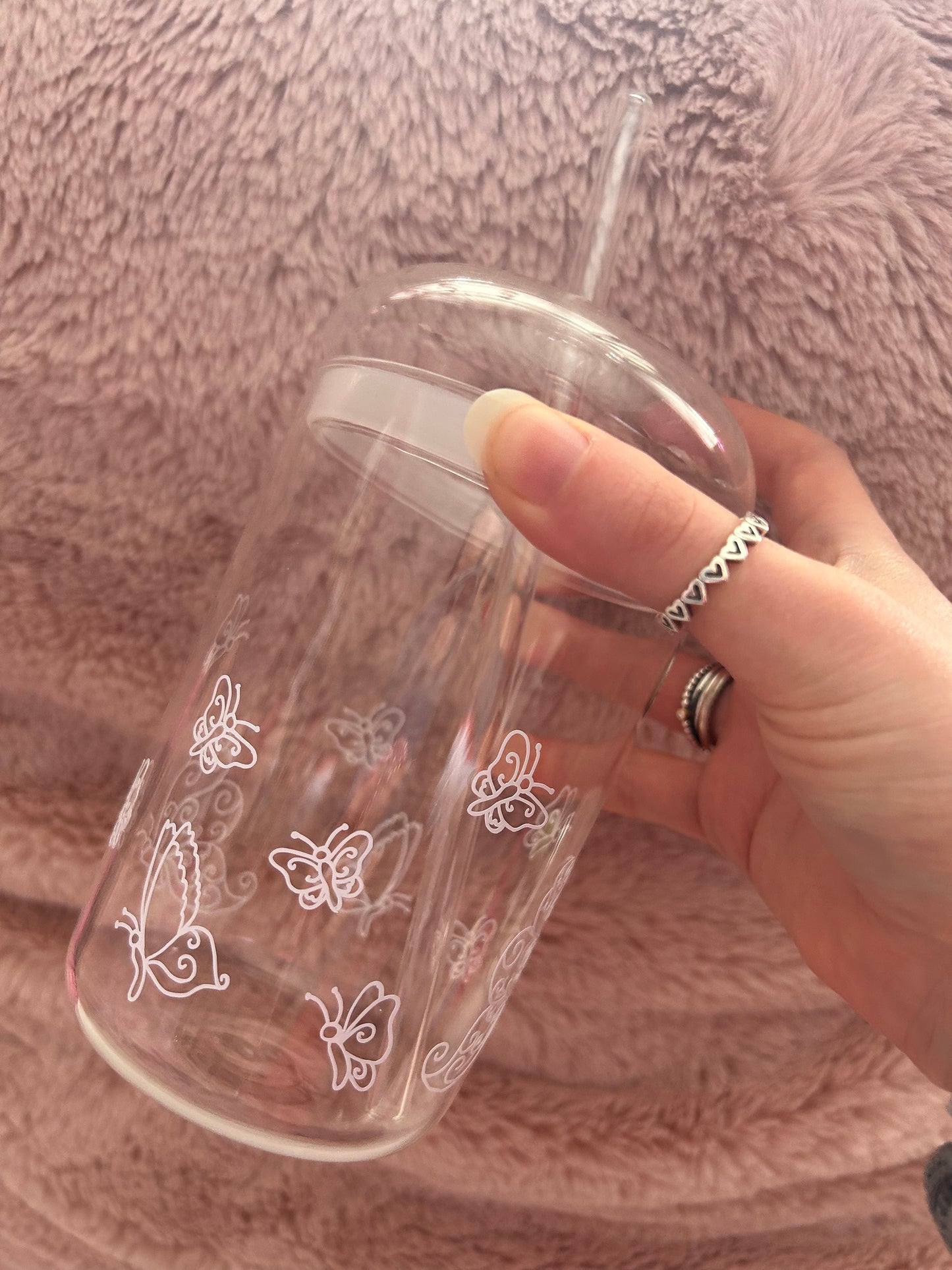 Butterfly glass dome cup and straw