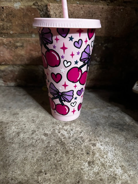 Pink cherry bow cold cup