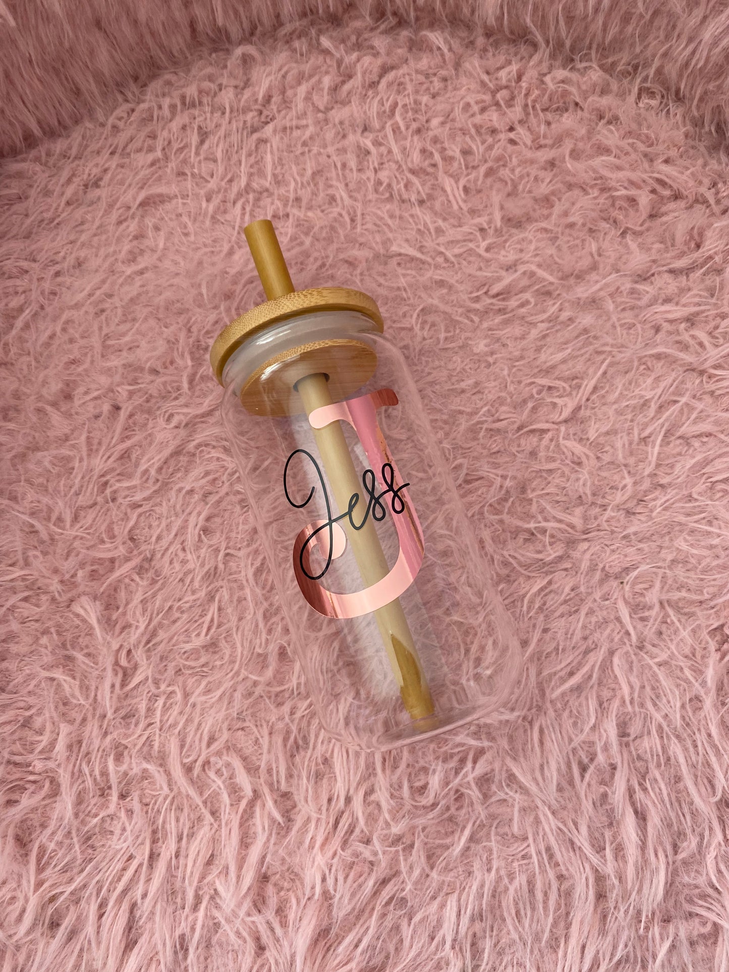 personalised glass can with bamboo straw, initial can, personalised drinking glass