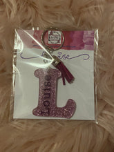 Load image into Gallery viewer, personalised glittered keyring, name keyring, initial keyring, tassle keyring
