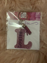 Load image into Gallery viewer, personalised glittered keyring, name keyring, initial keyring, tassle keyring
