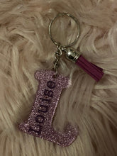 Load image into Gallery viewer, personalised glittered keyring, name keyring, initial keyring, tassle keyring
