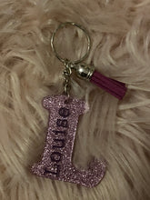 Load image into Gallery viewer, personalised glittered keyring, name keyring, initial keyring, tassle keyring
