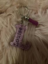 Load image into Gallery viewer, personalised glittered keyring, name keyring, initial keyring, tassle keyring
