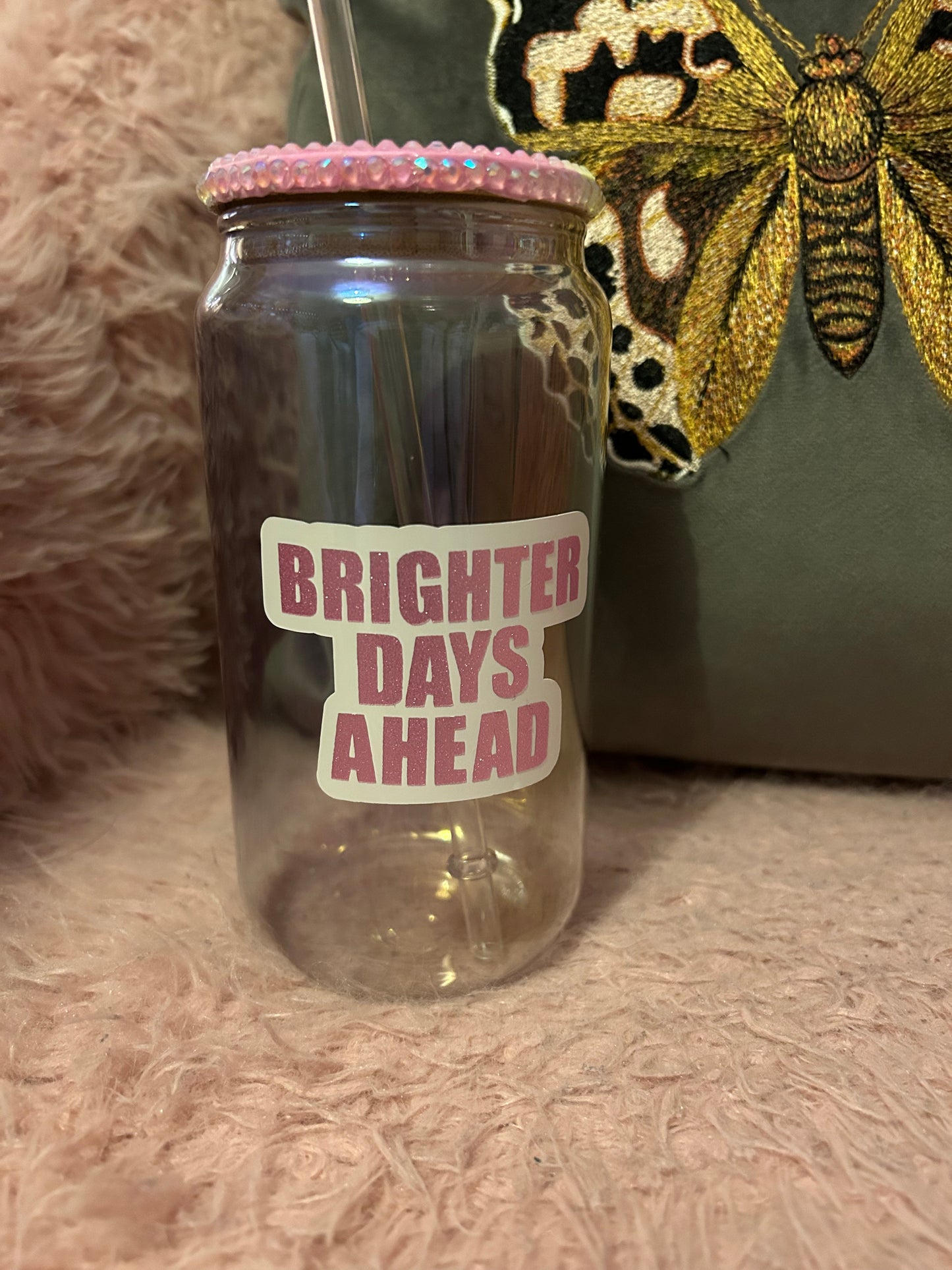 Brighter days ahead glass can cup with lid and straw