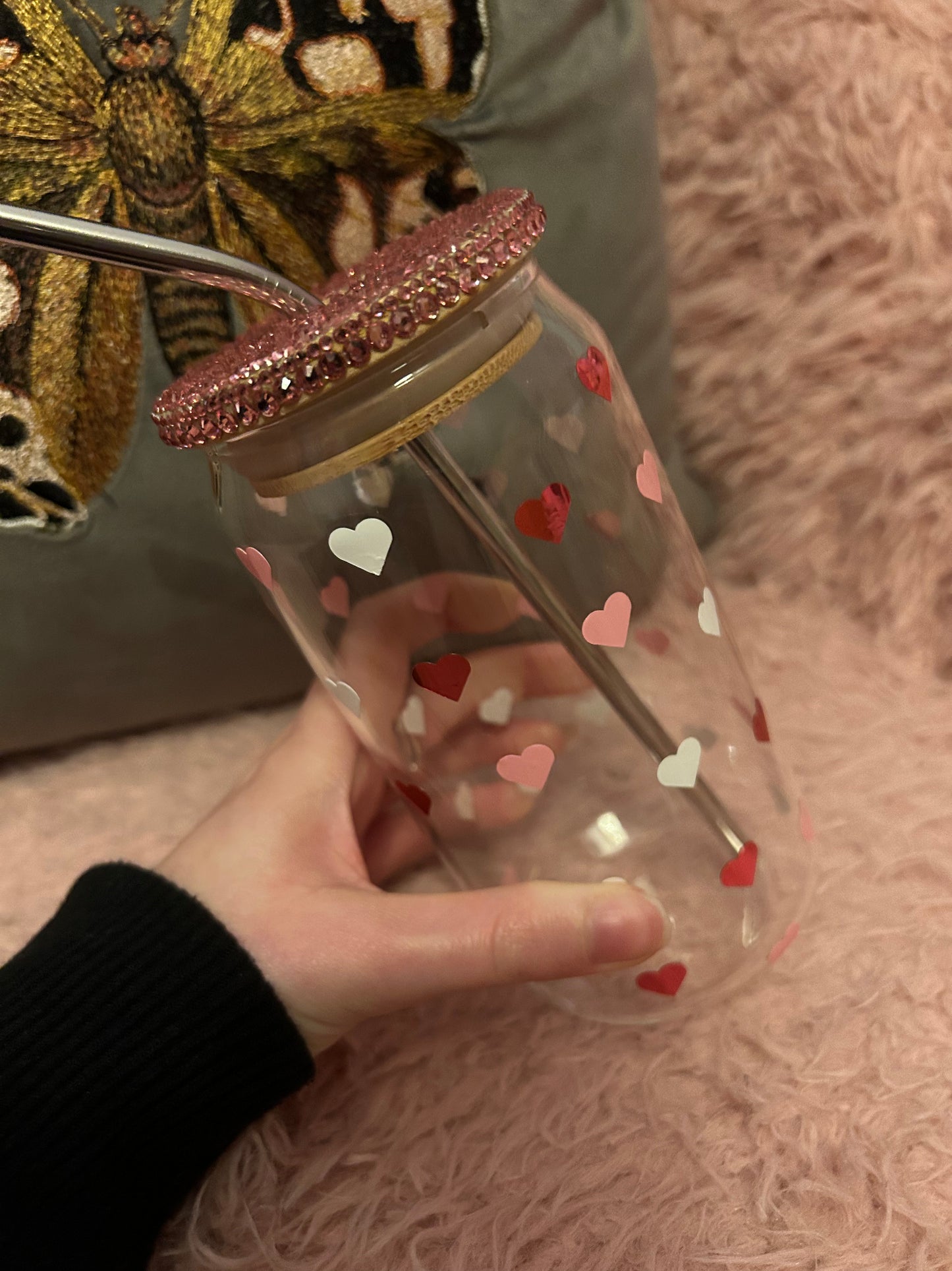 Valentines or galentines glass can cup with lid and straw